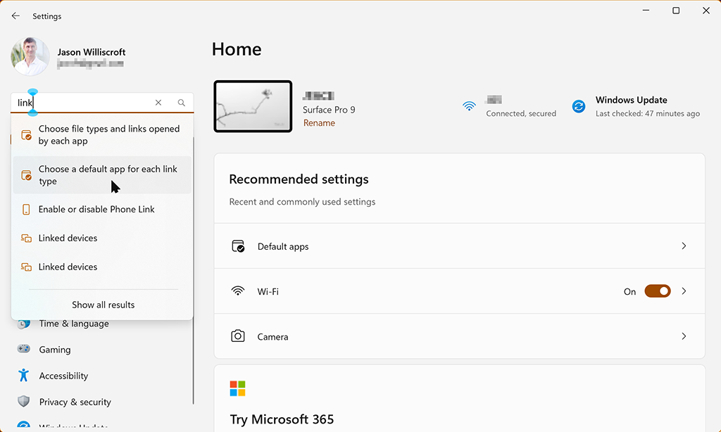 Choose a default app for each link type.